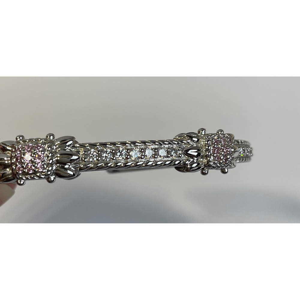 Judith Ripka 925 Sterling Silver Pink Clear CZ Textured Rope Hinged Bracelet - Picture 9 of 11